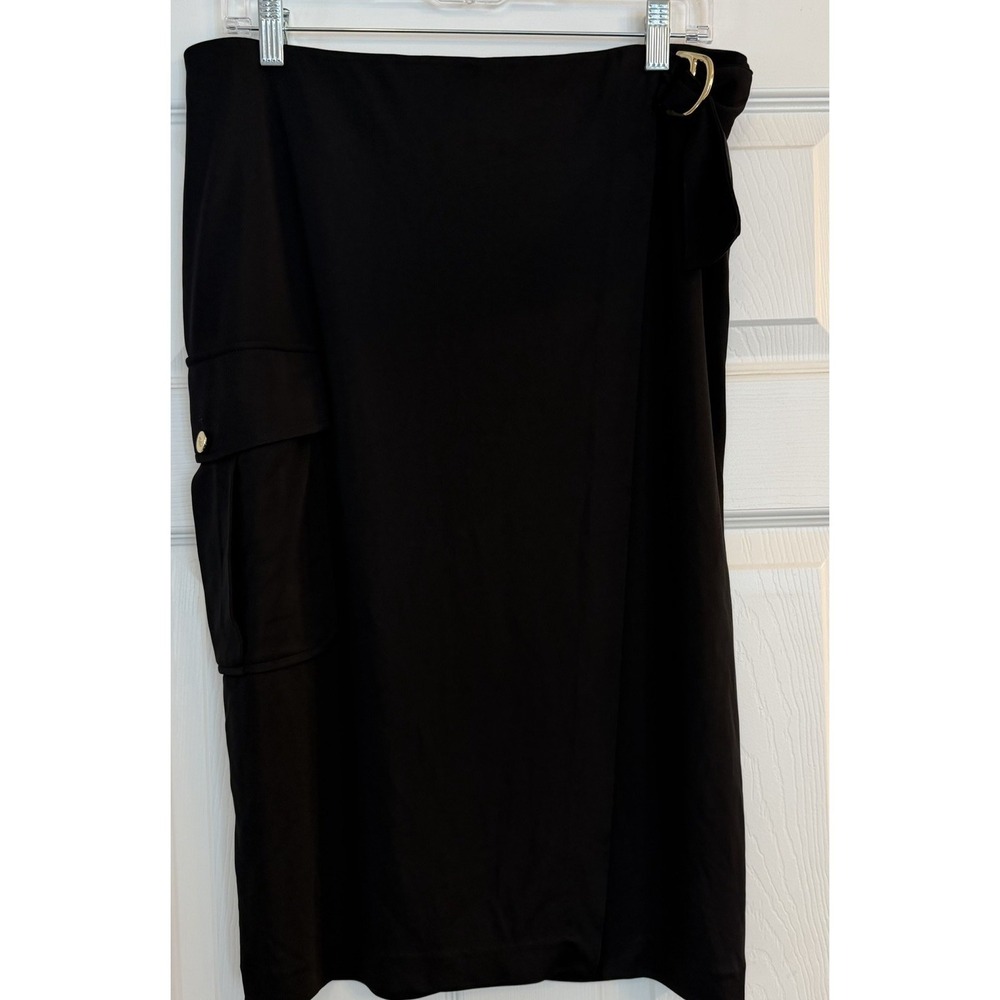 Lauren Ralph Lauren Basic Black Skirt Sz‎ L Side Zip Self Belted Career Staple